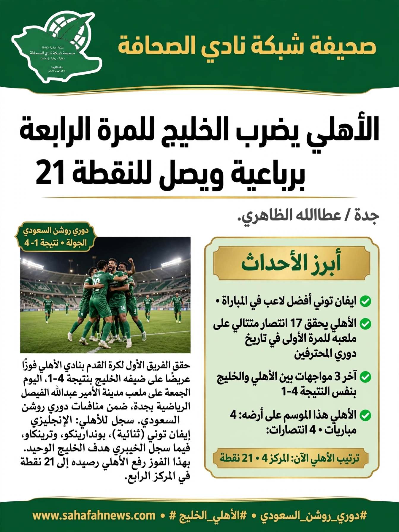 *الأهلي يضرب الخليج للمرة الرابعة برباعية ويصل للنقطة 21*